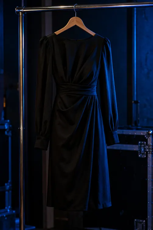 A black evening dress with long sleeves on a hanger on a backstage clothes rail