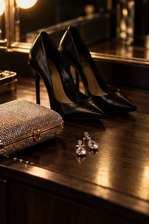 Black high heels, a silver clutch bag and drop earrings on a dressing table