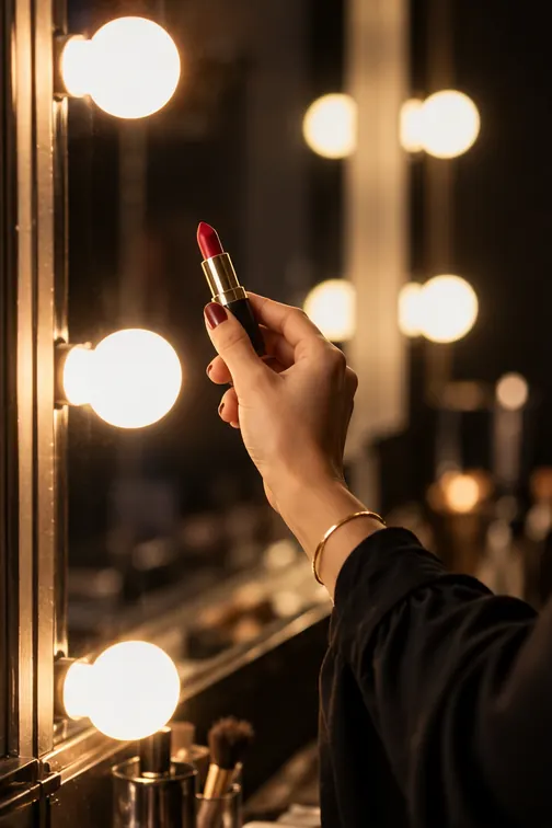 A hand holding a red lipstick in front of a backstage mirror lit by round bulbs