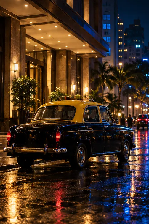 A black and yellow Mumbai taxi waiting outside a hotel at night in the rain