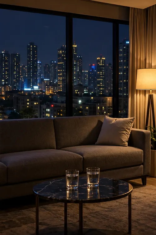 A Mumbai flat at night with a sofa and a window full of city lights