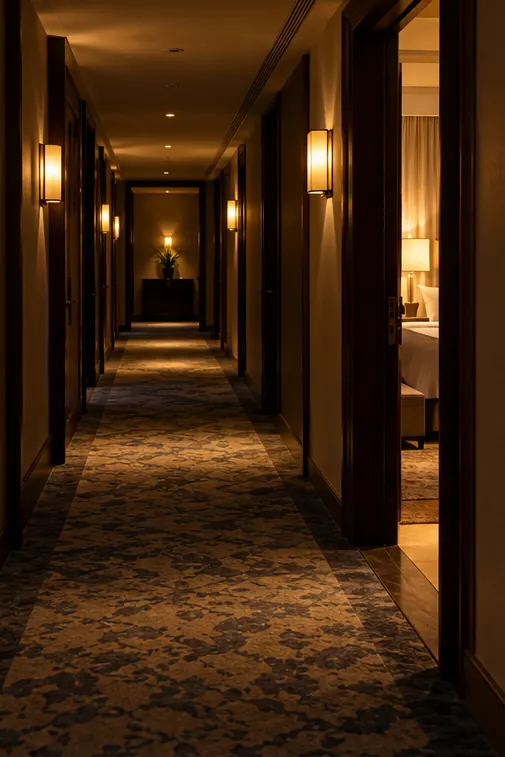 A quiet hotel corridor at night with one room door open